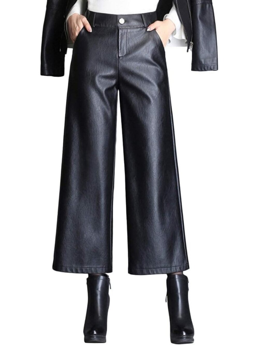 High Waist Wide Leg Faux Leather Cropped Culottes for Women - Trendy & Chic